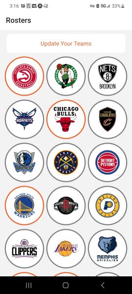 The Team Selection screen